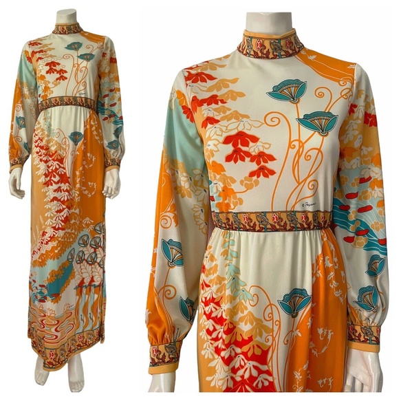❤️SOLD❤️ Vintage Paganne by Gene Berk Multi 70s Print Maxi Dress - Picture 1 of 16